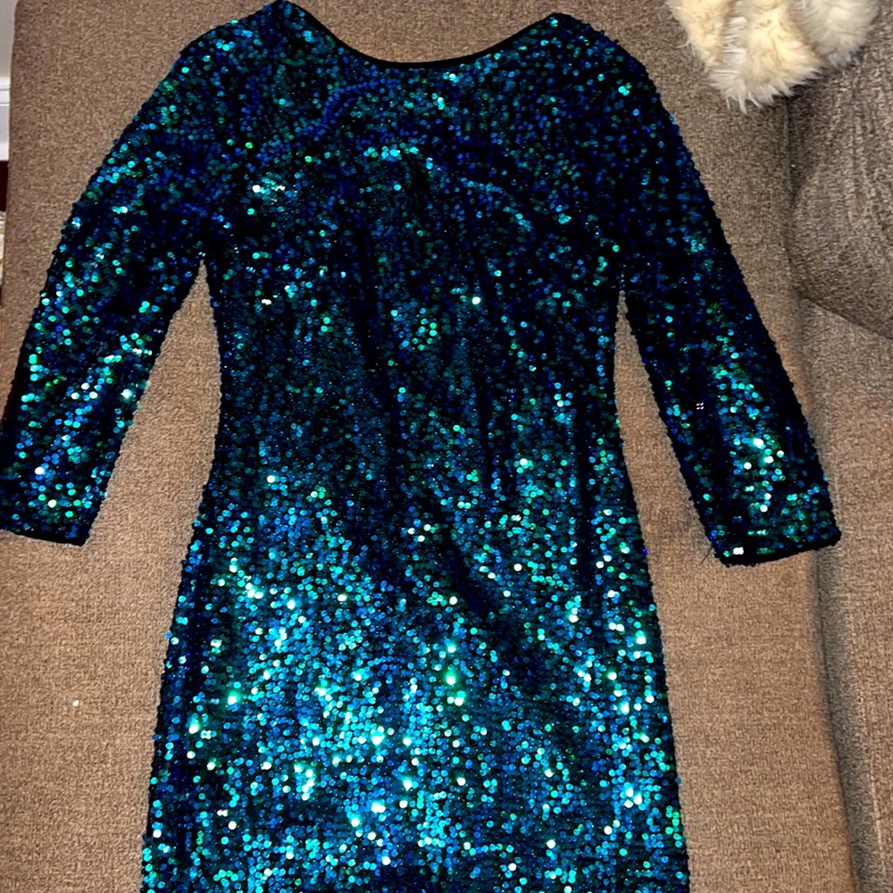 H&M blue green low back sequin mini dress size medium